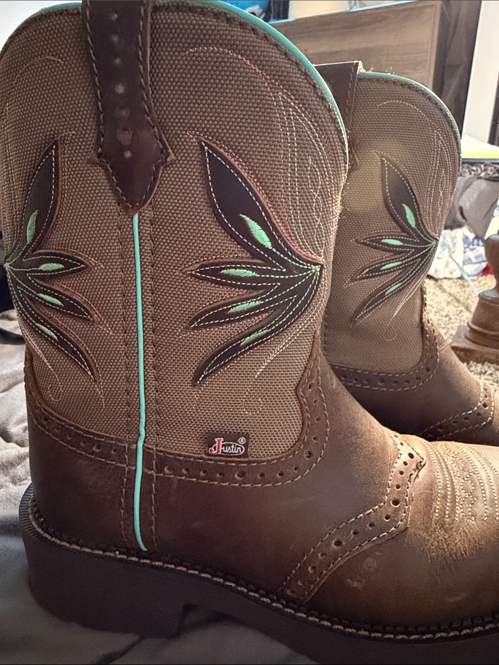 Justin Boots Brown Ankle Boot with Mint Accent Stitching